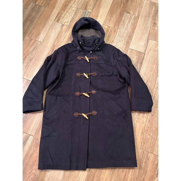 LL Bean Vintage Duffle Coat Womens Navy Blue Lambs Wool Hooded Lined Large - Picture 5 of 13